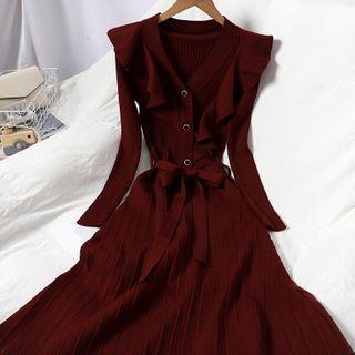 Long-sleeve Ruffle Knit Midi A-line Dress
