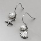 Starfish & Shell Faux Pearl Asymmetrical Sterling Silver Dangle Earring 1 Pair - S925 Silver - Silver - One Size
