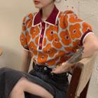 Short-sleeve Jacquard Knit Top Blue & Orange - One Size