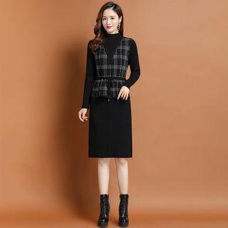 Long-sleeve Plaid Panel Knit Sheath Dress