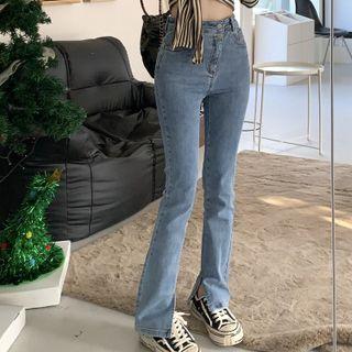 High Waist Slit-hem Washed Bootcut Jeans