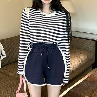 Long-sleeve Cutout Striped T-shirt / Sweatshorts