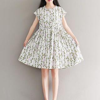 Cap-sleeve Shirred Patterned Shirtdress