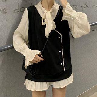 Mock Two-piece Tie-neck Blouse Black - One Size