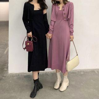 Plain Pleated Knit A-line Dress / Plain Button-up Cardigan
