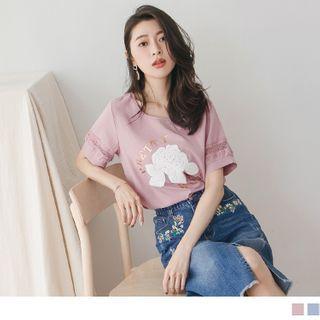 Lace Rose Applique Short Sleeve Chiffon Top