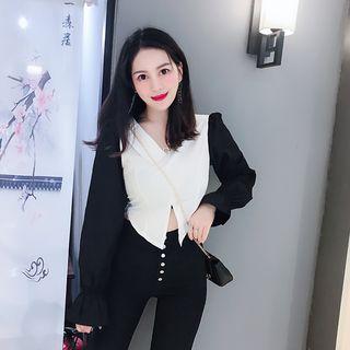 Two-tone Asymmetrical Blouse Black & White - One Size