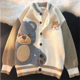 Long Sleeve Bear Print Button-up Knit Jacket