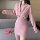 V-neck Pocket-detail Plain Long-sleeve Dress Pink - One Size