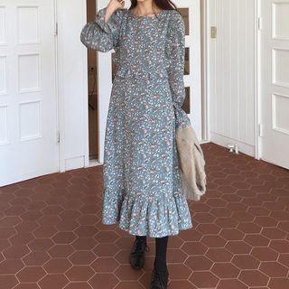 Floral Print Long-sleeve Midi Chiffon Dress Floral - One Size