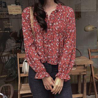 Shirred Floral Crepe Blouse