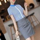 Set: Short-sleeve Striped Blouse + Mini Pencil Skirt