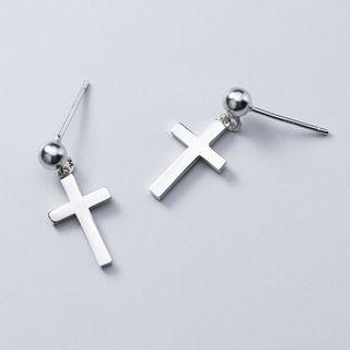 Cross Dangle Ear Stud 1 Pair - Silver - One Size
