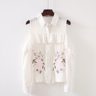 Floral Embroidered Cold Shoulder Long-sleeve Blouse
