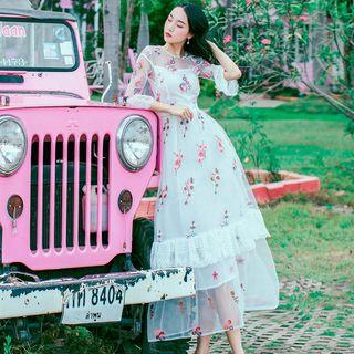 3/4-sleeve Floral Embroidered Maxi A-line Dress