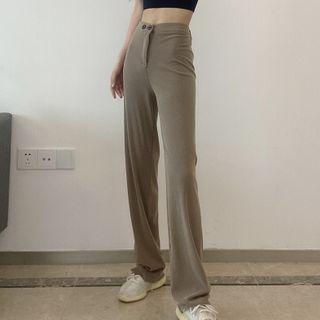 Plain Wide-leg Pants Khaki - One Size
