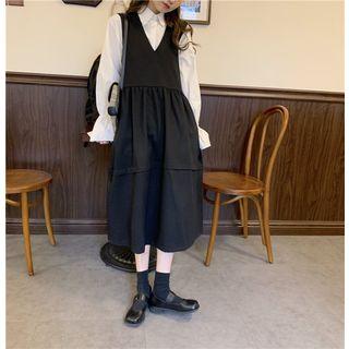 Balloon-sleeve Shirt / Midi A-line Pinafore Dress