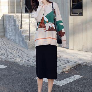 Cartoon Print Sweater / Midi Knit Skirt