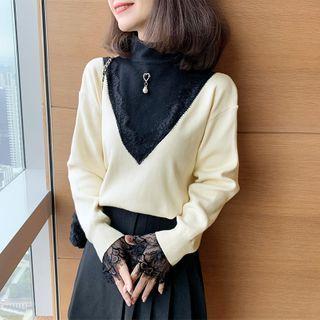 Lace Trim Mock-turtleneck Knit Top