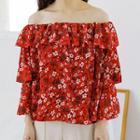 Tiered Off-shoulder Long-sleeve Chiffon Top