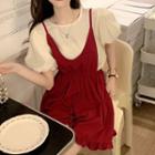 Set: Puff-sleeve Plain Blouse + Ruffle Jumper Shorts