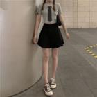 Neck Tie Short-sleeve Knit Top . Pleated Skirt