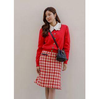Puff-shoulder Clover-button Cardigan