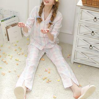 Loungewear Set: Plaid Elbow-sleeve Top + Pants