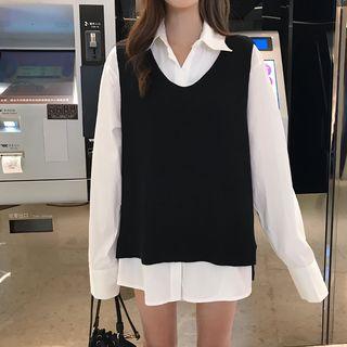 Set: Knit V-neck Vest + Shirt