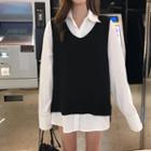 Set: Knit V-neck Vest + Shirt