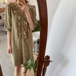 V-neck Shirred-detail Shirtdress