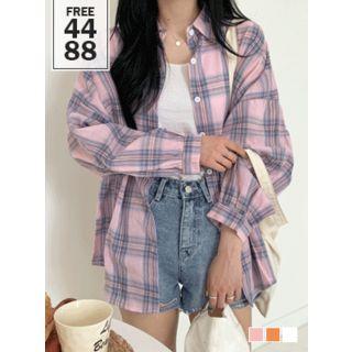 Drop-shoulder Balloon-sleeve Plaid Shirt
