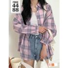 Drop-shoulder Balloon-sleeve Plaid Shirt