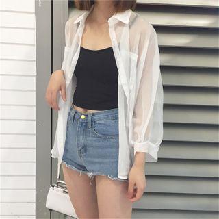 Long-sleeve Plain Chiffon Light Cardigan White - One Size