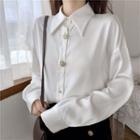 Plain Collared Long-sleeve Blouse White - One Size