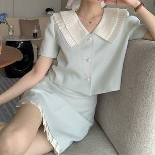 Short-sleeve Two-tone Blouse / Mini A-line Skirt