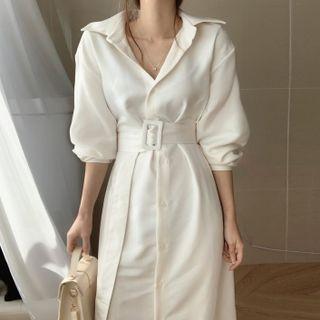 Long-sleeve Belted Open-collar Midi A-line Dress