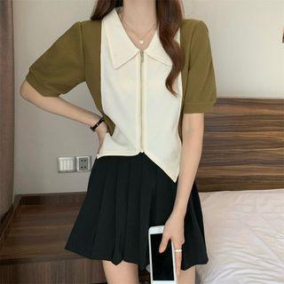 Short-sleeve Two-tone Zip Knit Top
