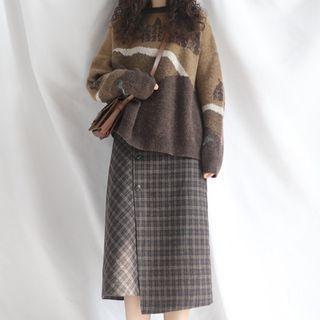 Jacquard Sweater / Plaid Midi Skirt / Set