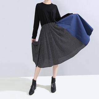 Long-sleeve Mock Two-piece Dotted Midi A-line Dress