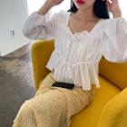 Tie-front Frilled-trim Shirred Blouse