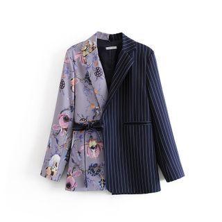 Striped Floral Print Tie-waist Blazer