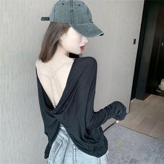 Long-sleeve Faux Pearl Chain T-shirt