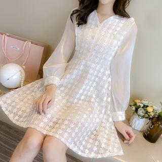 V-neck Frilled Trim Long-sleeve A-line Dress