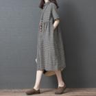 Elbow-sleeve Checker Midi Dress