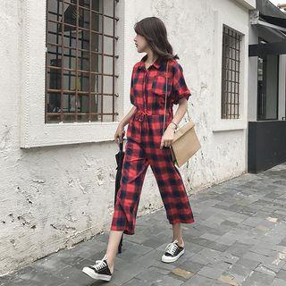 Drawstring Waist Plaid Cropped Jumpsuit