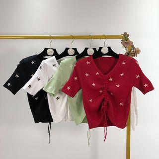 Flower Embroidered Short-sleeve Drawstring Rib Knit Top