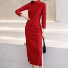 3/4-sleeve Lace Midi Qipao Dress