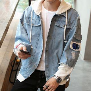 Mock Two-piece Hooded Badge Denim Jacket