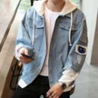 Mock Two-piece Hooded Badge Denim Jacket